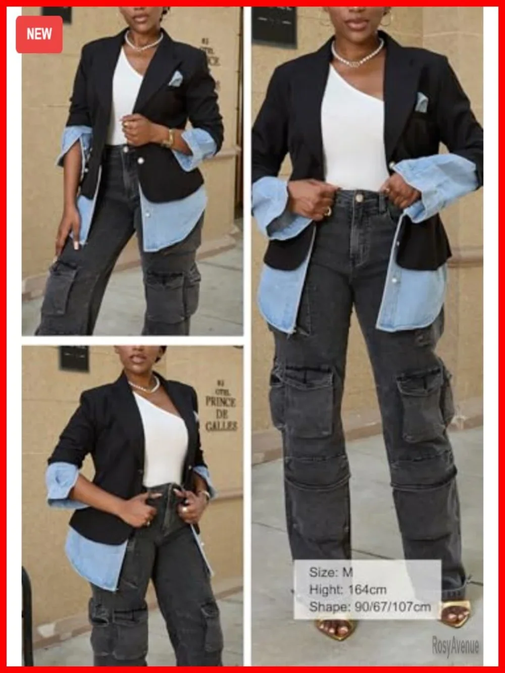 Patchwork Denim Blazer Jacket with Pearls